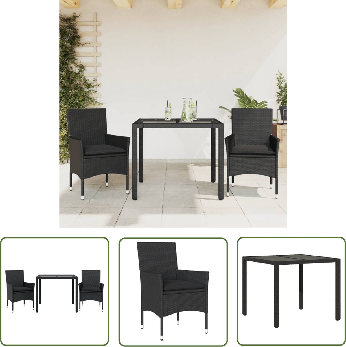 The Living Store 3-delige Tuinset met kussens poly rattan en glas zwart - Tuinset - Buitenkamer - Lounge Set - Eetkamerset - Patio Set