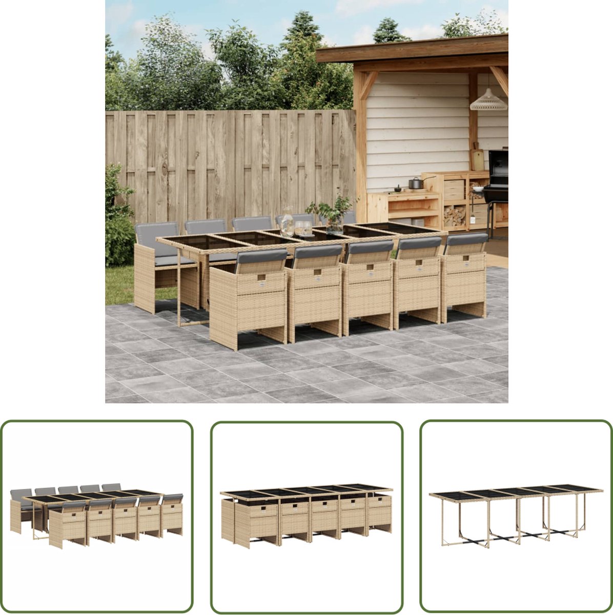 The Living Store 11-delige Tuinset met kussens poly rattan gemengd beige - Tuinset - Buitendecoratie - Lounge Set - Eetkamerset - Poly Rattan
