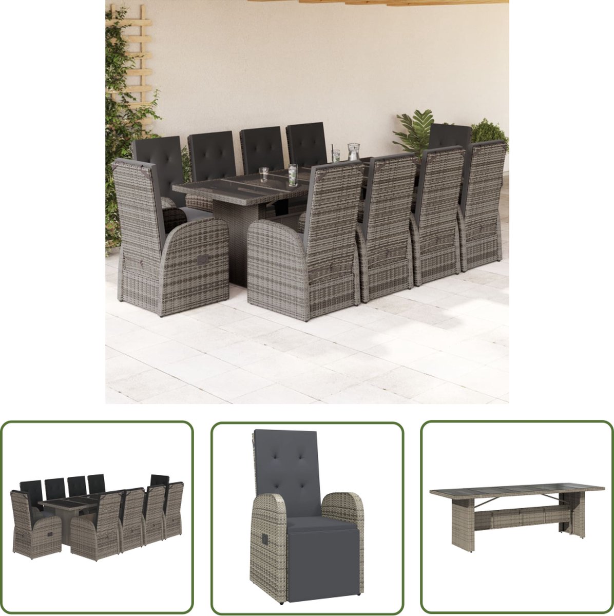 The Living Store 11-delige Tuinset met kussens poly rattan grijs - Tuinsets - Buitendecoratie - Lounge Set - Eetkamerset - Patio Furniture