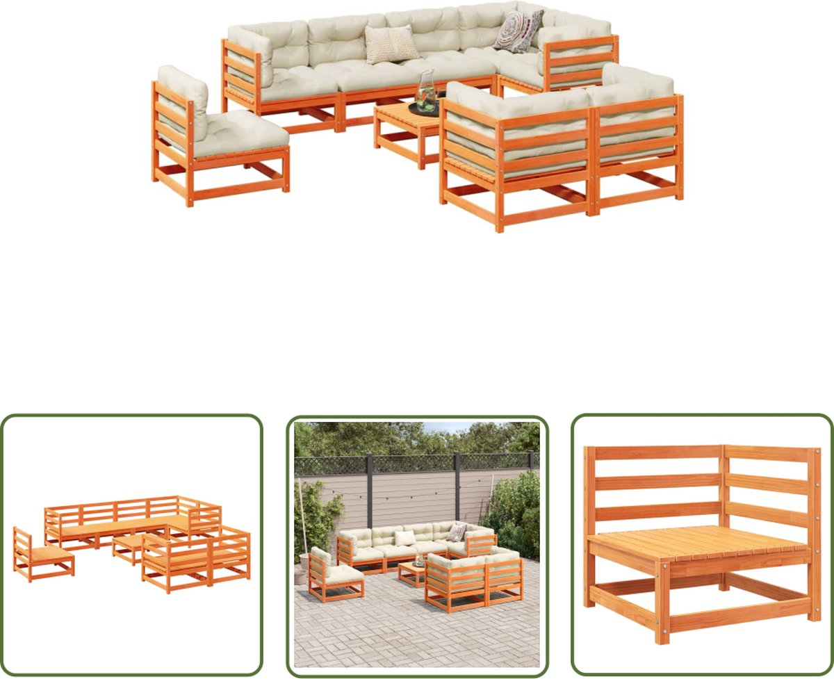 Massief grenenhouten loungeset in wasbruine kleur, perfect voor buitenruimtes.