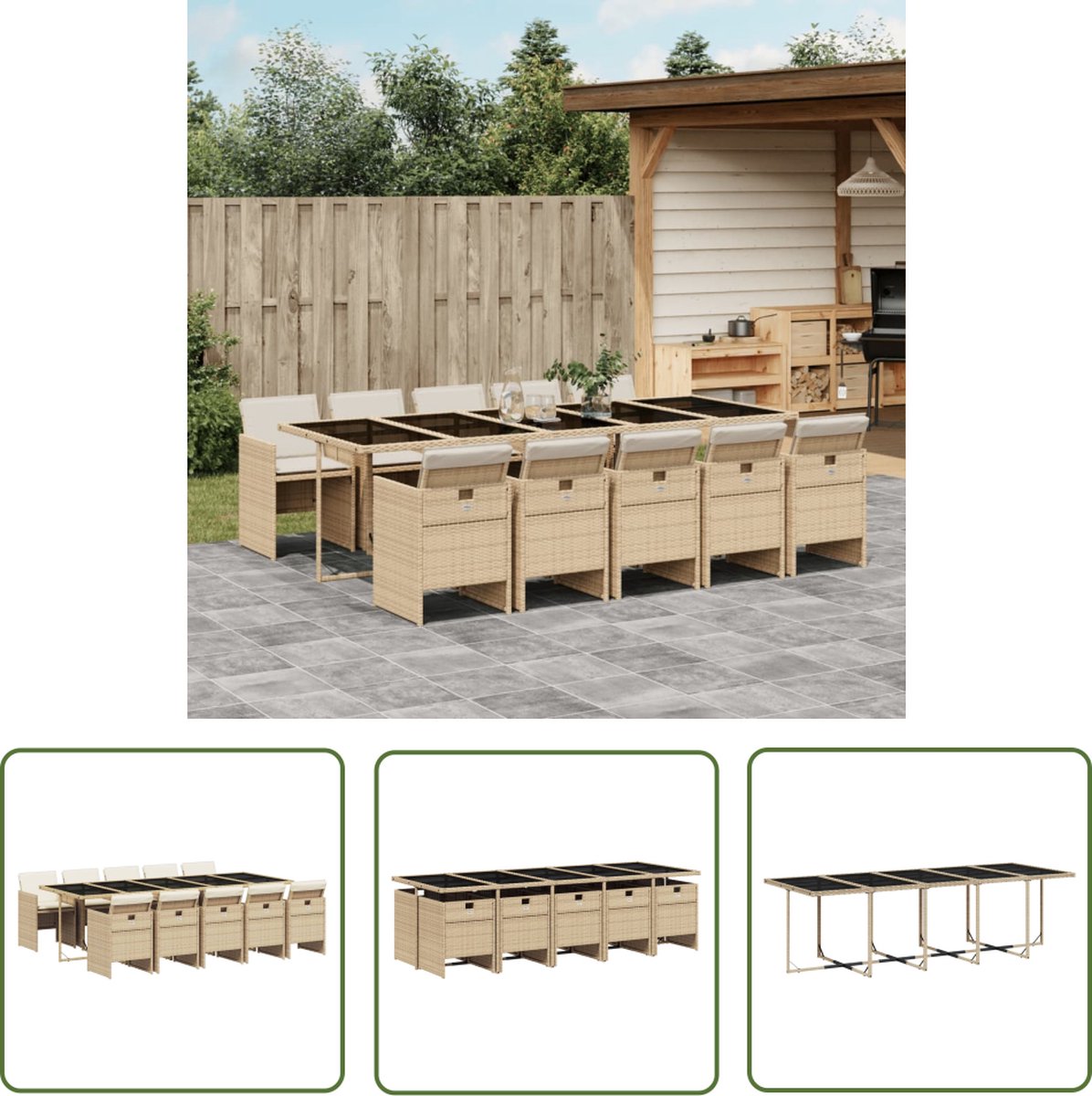 The Living Store 11-delige Tuinset met kussens poly rattan beige - Tuinset - Buitendecoratie - Lounge Set - Eetkamerset - Patio Furniture