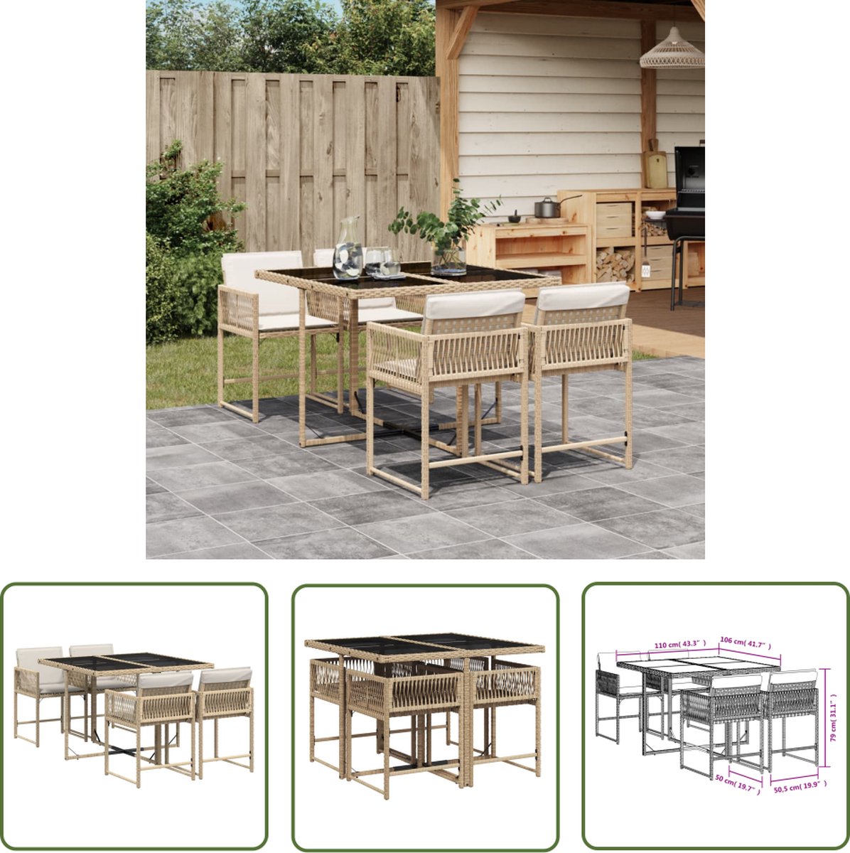 The Living Store 5-delige Tuinset met kussens poly rattan beige - Tuinset - Buitenkamer - Lounge Set - Eetgroep - Patio Set