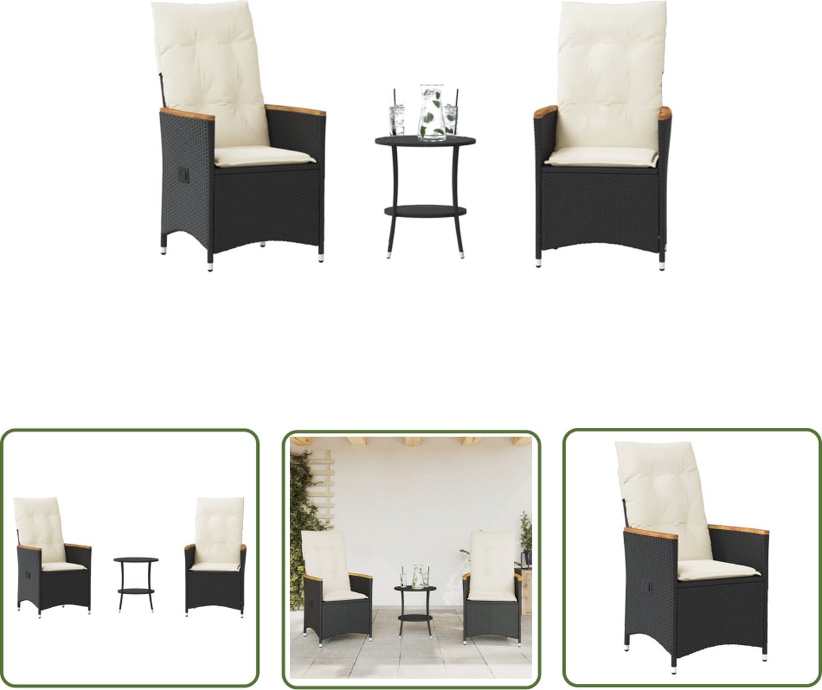 The Living Store 3-delige Bistroset met kussens poly rattan zwart - Tuinstoel - Bistroset - Lounge Set - Buitendecoratie - Poly Rattan