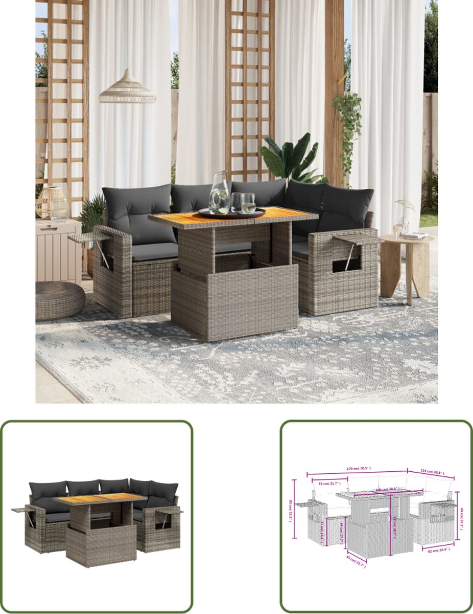 The Living Store 5-delige Loungeset met kussens poly rattan grijs - Loungeset - Tuinset - Lounge Set - Buitendecoratie - Tuinmeubels