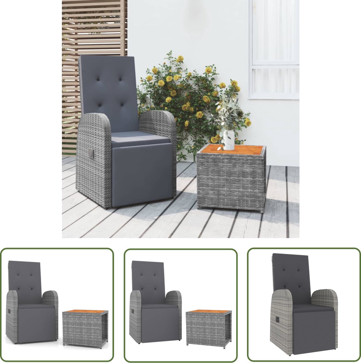 The Living Store 2-delige Loungeset poly rattan en massief acaciahout grijs - Loungeset - Tuinset - Lounge - Buitendecoratie - Tuinstoelen