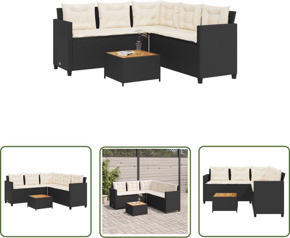 The Living Store Tuinbank met tafel en kussens L-vormig poly rattan zwart - Tuinbank - L-vormig - Lounge Set - Buitendecoratie - Outdoor Furniture