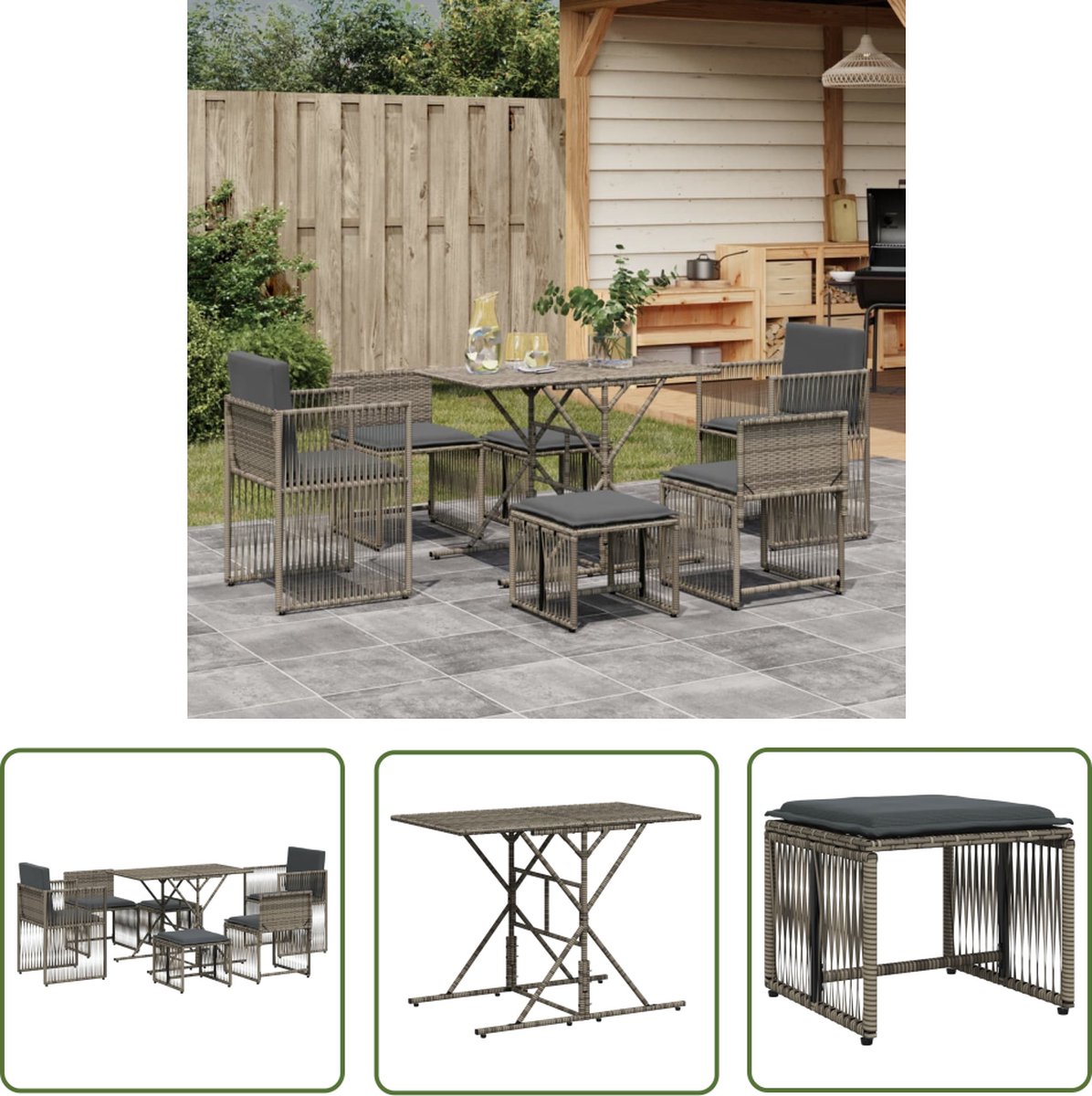 The Living Store 7-delige Tuinset met kussens poly rattan grijs - Tuinset - Lounge Set - Buitendecoratie - Poly Ratan - Pe Rattan