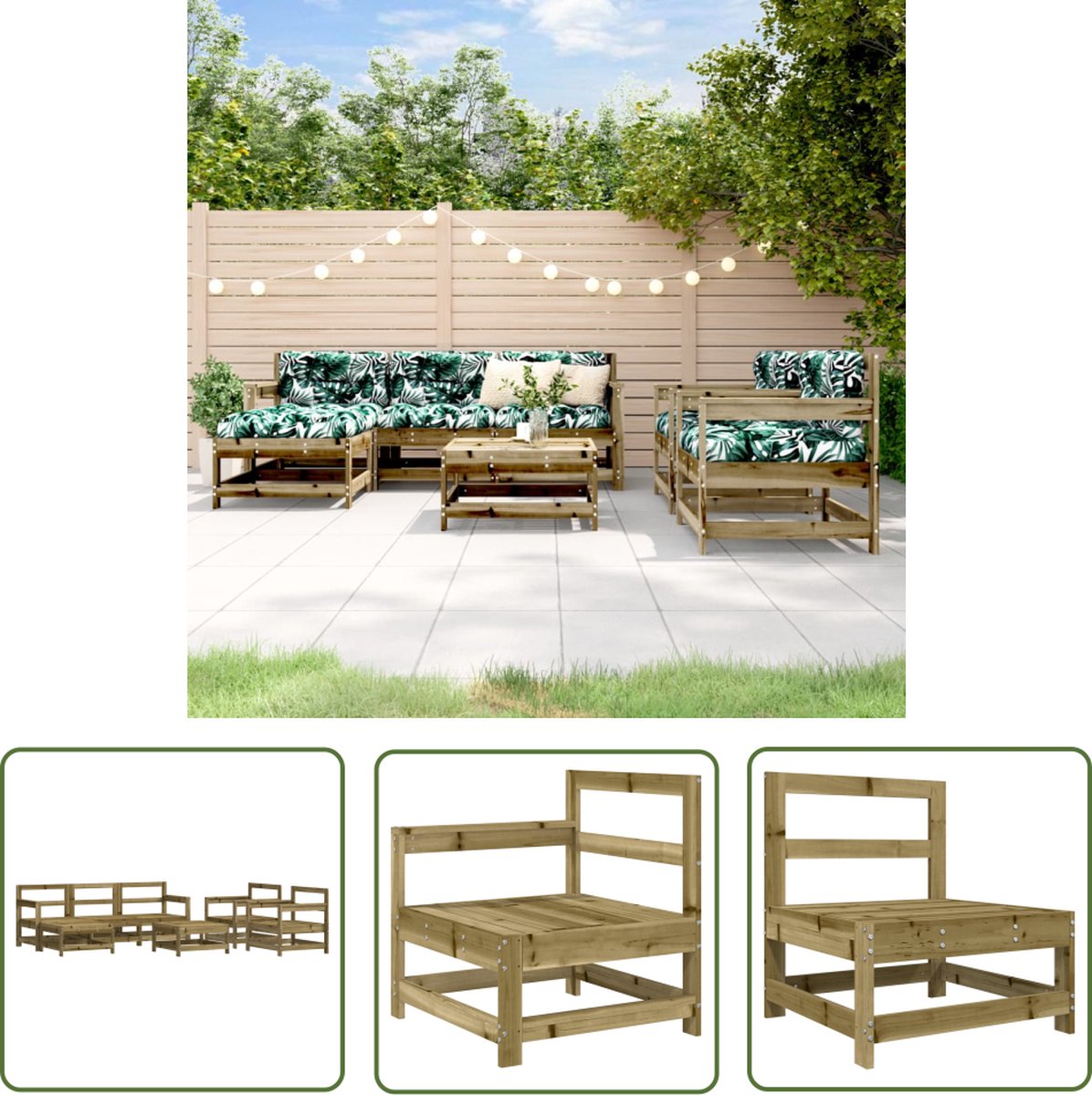 The Living Store 7-delige Loungeset geïmpregneerd grenenhout - Loungeset - Tuinset - Tuinmeubel - Hout - Grenenhout