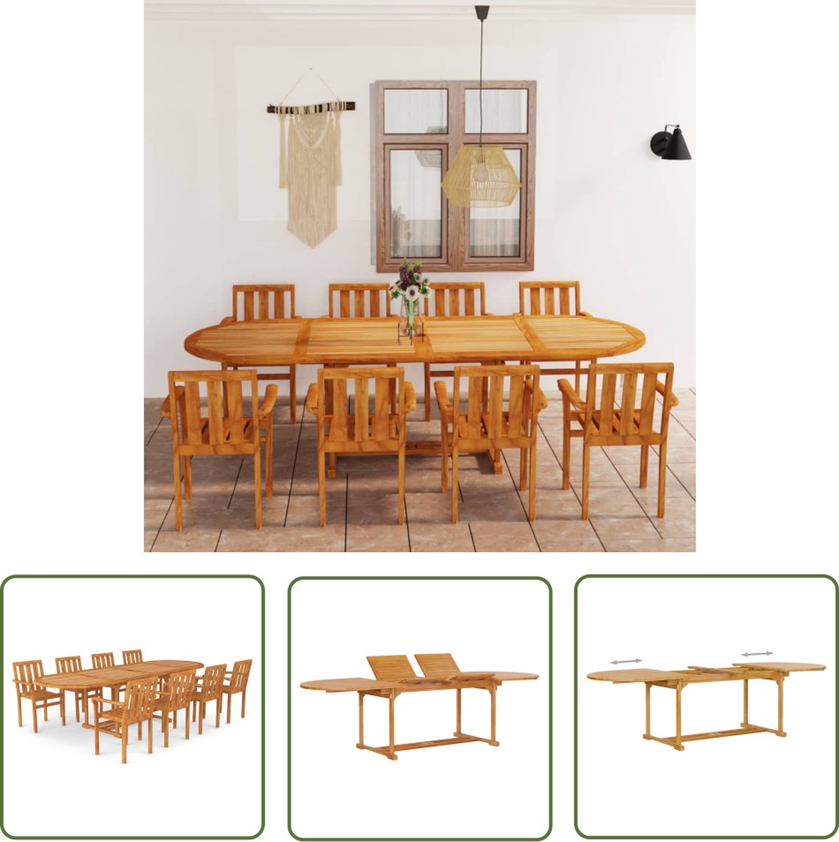The Living Store 9-delige Tuinset massief teakhout - Tuinset - Teak Meubels - Eetkamerstoel - Buitentafel - Buitenleven