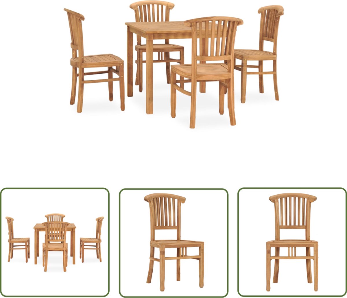 Massief teakhouten tuinset met buitentafel, tuinstoel en lounge set.