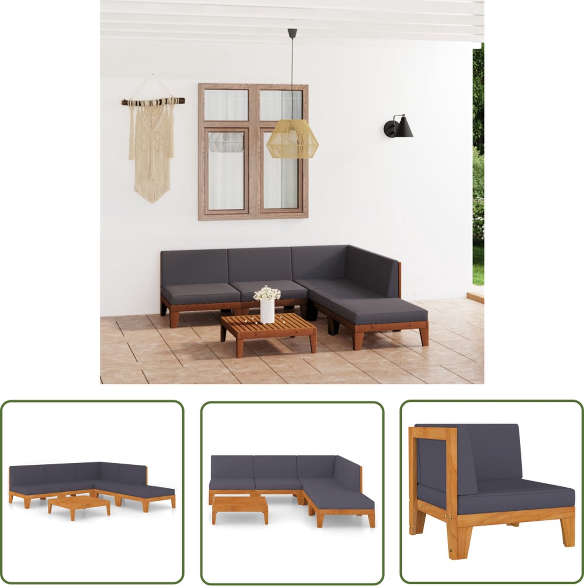 The Living Store 6-delige Loungeset met kussens massief acaciahout - Hoekbank - Lounge Set - Tuinmeubels - Acacia Hout - Grijs