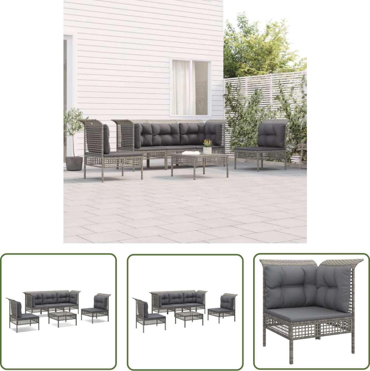 The Living Store 6-delige Loungeset met kussens poly rattan grijs - Tuin Lounge Set - Loungegroep - Buitenset - Patio Furniture - Tuinset