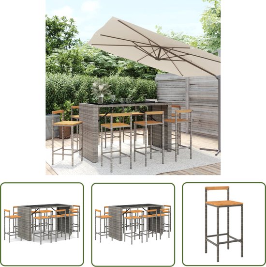 Ensemble de bar de jardin The Living Store Garden - 185 x 80 x 110 cm - Grijs - 1 table de bar - 8 chaises de bar