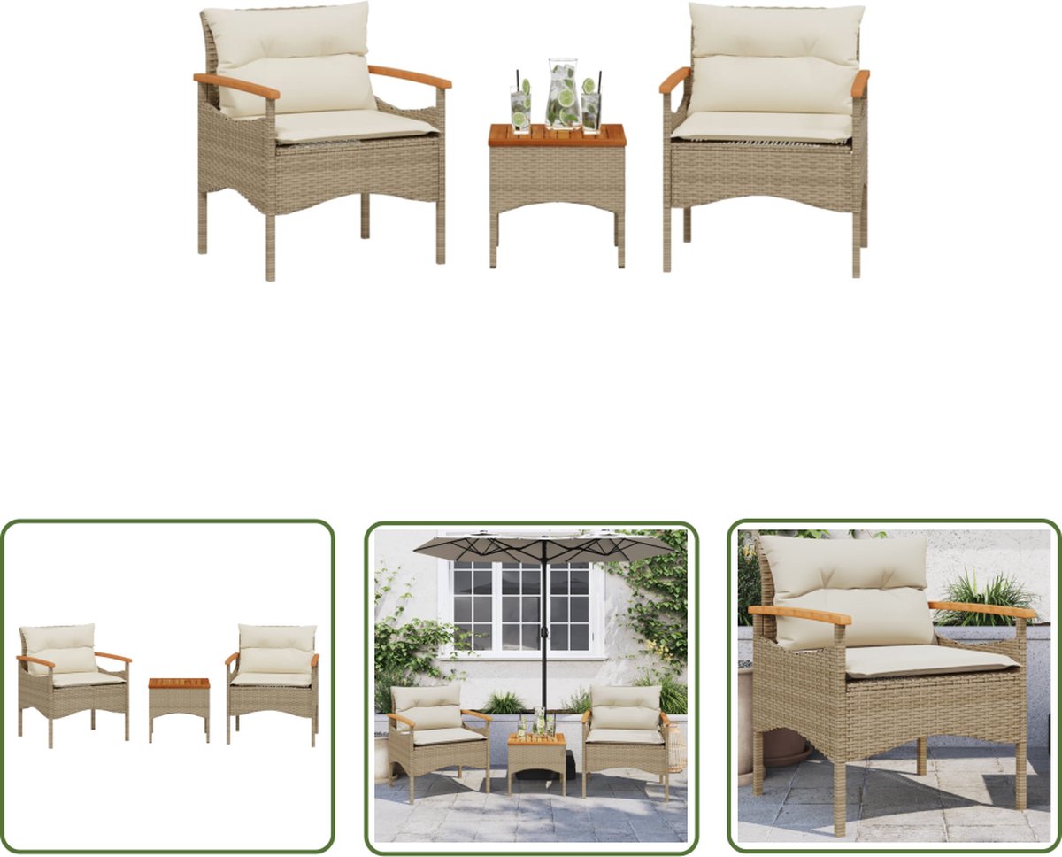 The Living Store 3-delige Loungeset met kussens poly rattan beige - Loungebank - Lounge Set - Tuinbank - Buitentijd - Outdoor Furniture