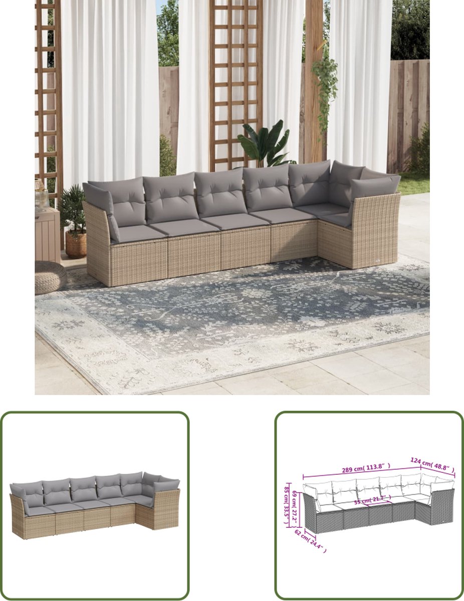 The Living Store 6-delige Loungeset beige poly rattan met kussens.
