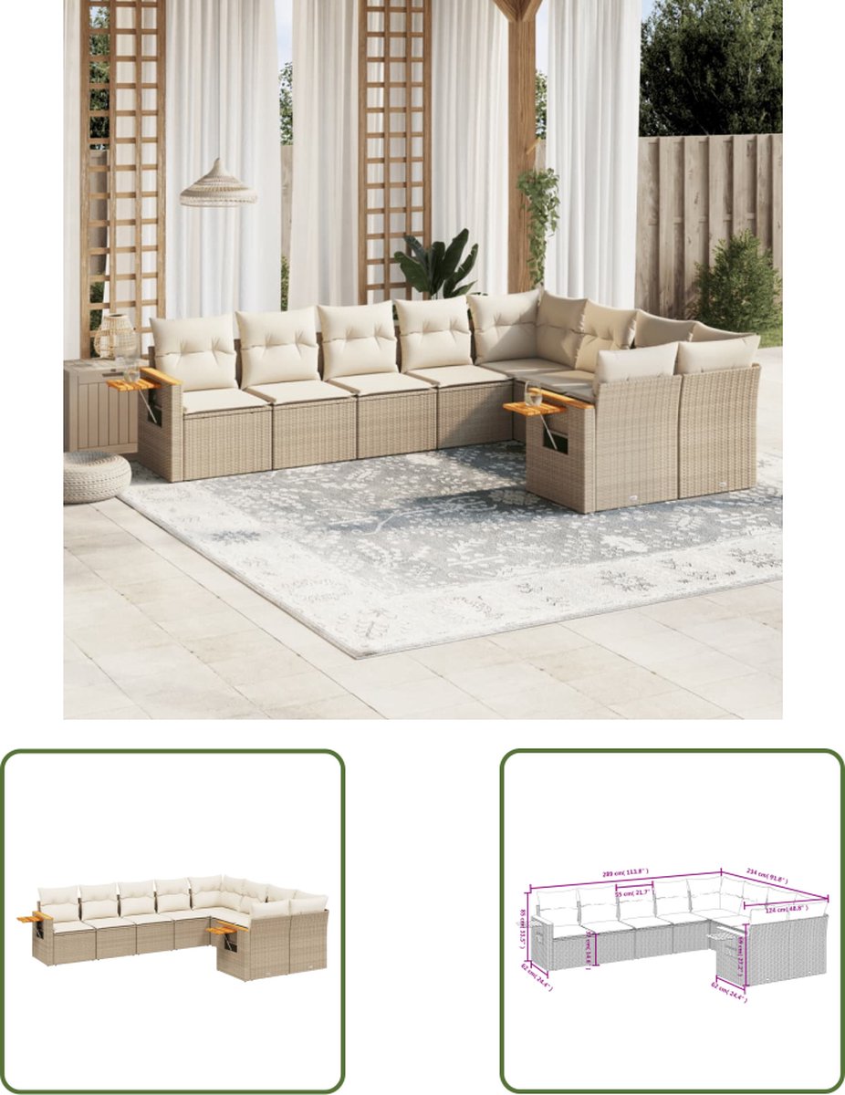 The Living Store 9-delige Loungeset met kussens poly rattan beige - Loungeset - Tuinset - Lounge Set - PE-rattan - Buitendecoratie