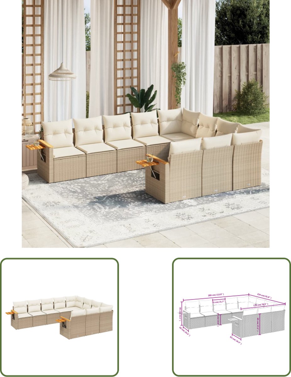 The Living Store 10-delige Loungeset met kussens poly rattan beige - Loungeset - Tuinset - Lounge Set - Buitendecoratie - Tuinmeubels