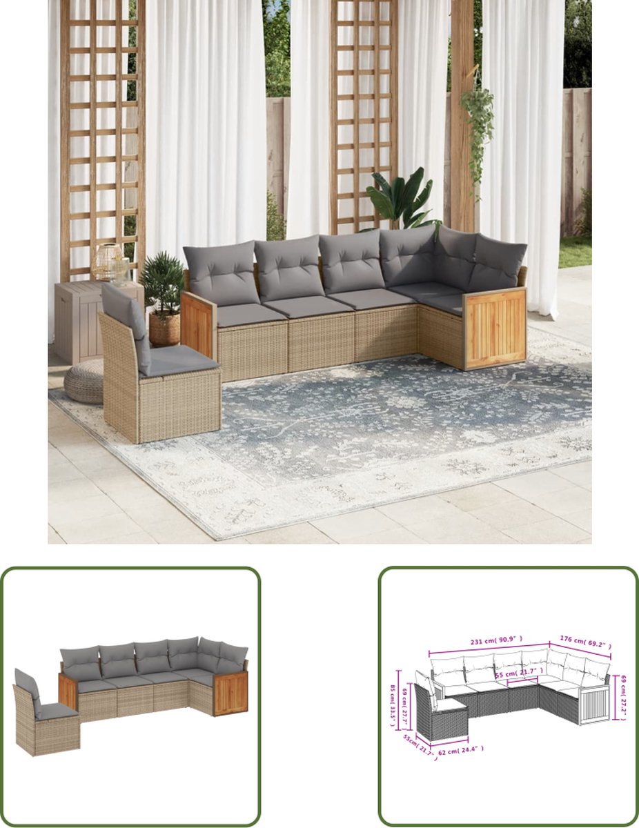 The Living Store 6-delige Loungeset met kussens poly rattan beige - Loungebank - Tuinset - Lounge Set - Buitendecoratie - Outdoor Furniture