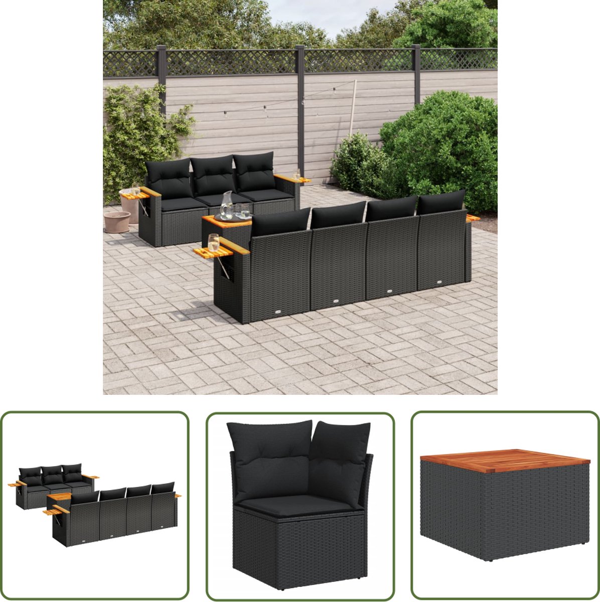 8-delige Loungeset in zwart poly rattan met kussens - Tuinmeubelensemble.