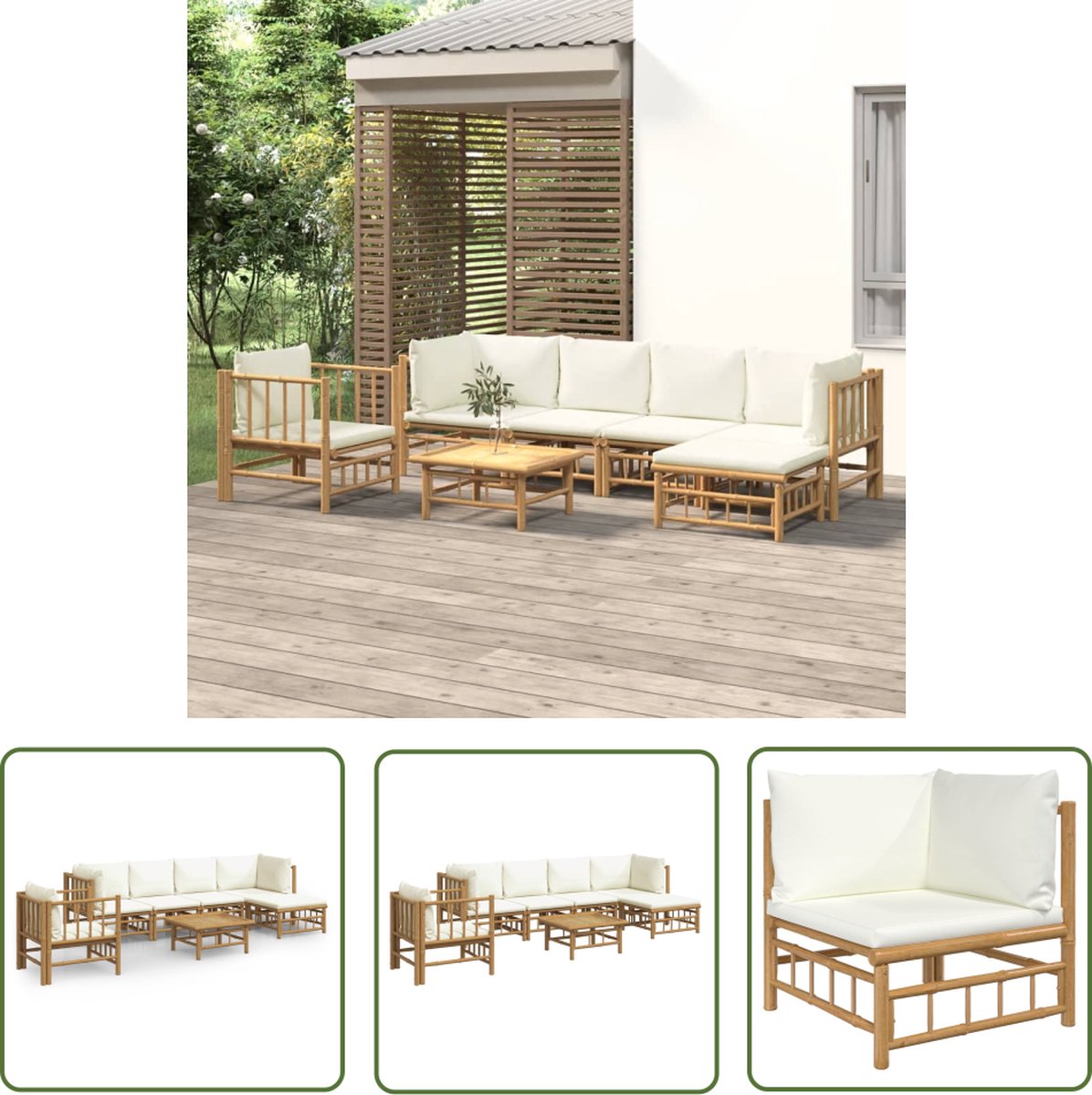 The Living Store 7-delige Loungeset met kussens bamboe crèmewit - Bamboetuinset - Lounge Set - Buisensets - Outdoor Furniture - Tuinkamerset