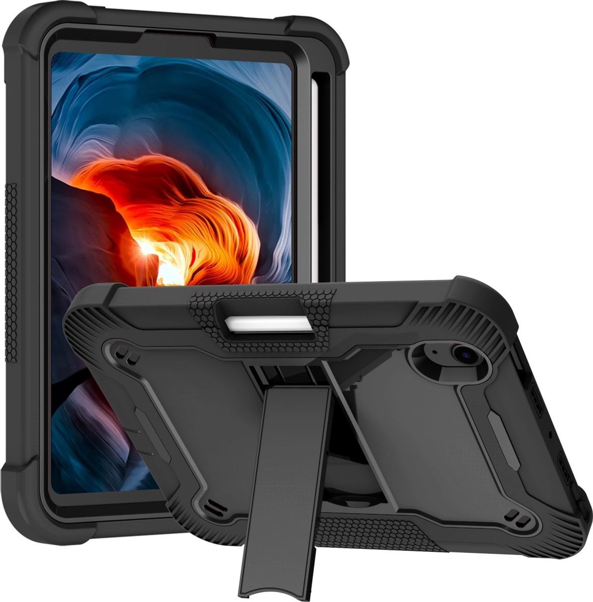 Mobigear Tablethoes geschikt voor Apple iPad Mini 7 (2024) Hardcase Backcover | Mobigear ShieldStand + Stylus Houder | Schokbestendig iPad Mini 7 (2024) Telefoonhoesje | Anti Shock Proof + Standaard - Zwart