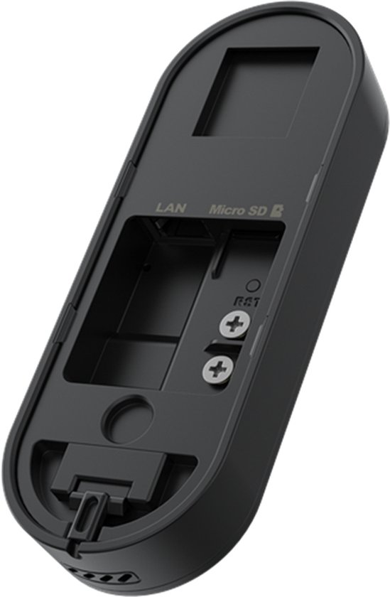 Achterkant van de zwarte Reolink deurbel, met poorten voor LAN, MicroSD en aansluitingen.