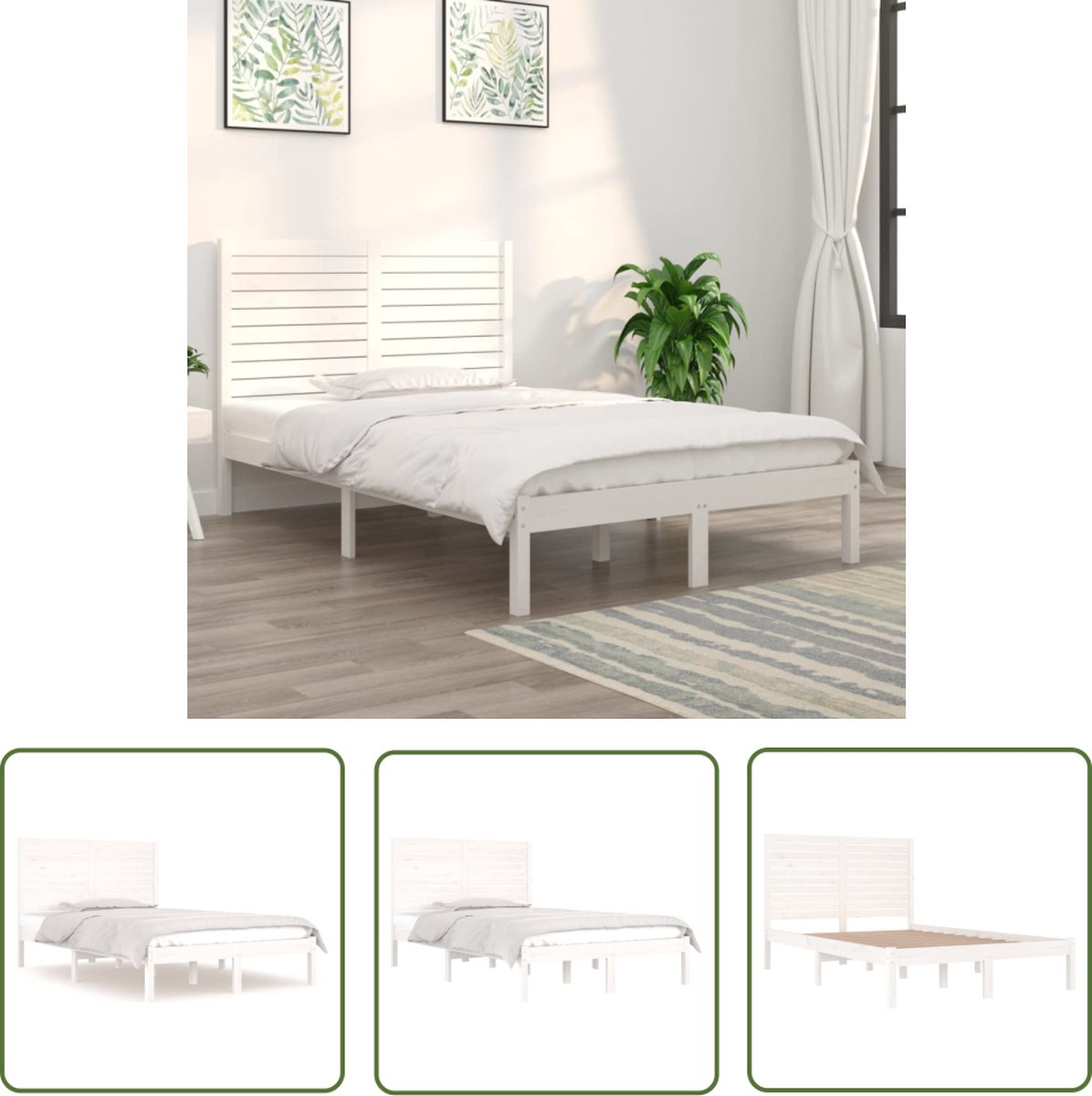 The Living Store Houten Bedframe - Massief grenenhout - 195.5 x 141 x 100 cm - Wit