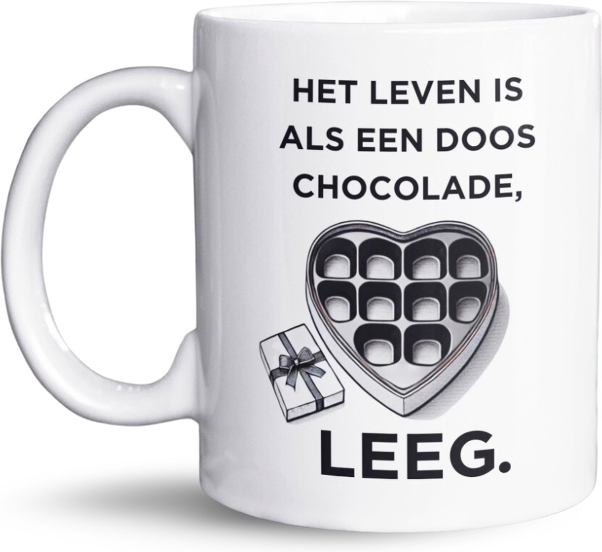 NietMokken.nl - Leuke Mok 325 ml - Het leven is als een doos chocolade, leeg - Humor Mok - Grappige Beker - Ideaal als Cadeau voor Vrienden of Collega's - Perfect voor Thuis of Kantoor - Sarcastische Tas - Cadeautip voor Mannen en Vrouwen - Beker