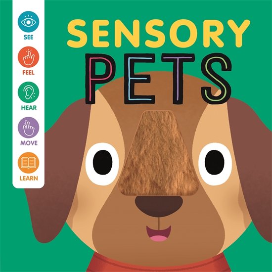 Babyboek 'Sensory Pets' met een bruine hond met een vachtje op de neus. Iconen voor zien, voelen, horen, bewegen en leren.