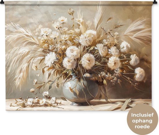 Wandkleed 120x90 cm - Wanddoek Bloemen - Vaas - Stilleven - Beige - Wandtapijt - Wandkleden