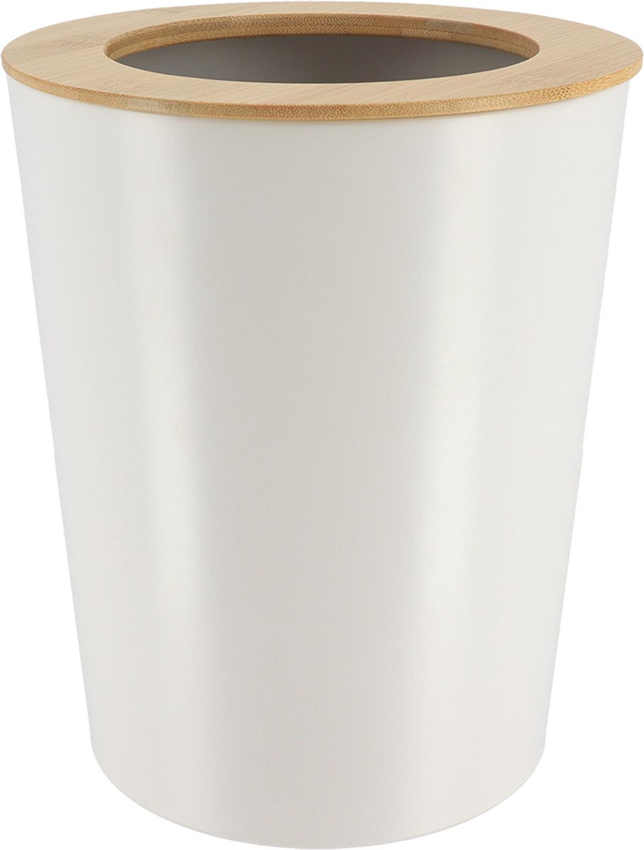 Tendance Badkamer prullenbak/afvalbak 103 series - wit - 5 liter - 20 x 25 cm - metaal/bamboe hout