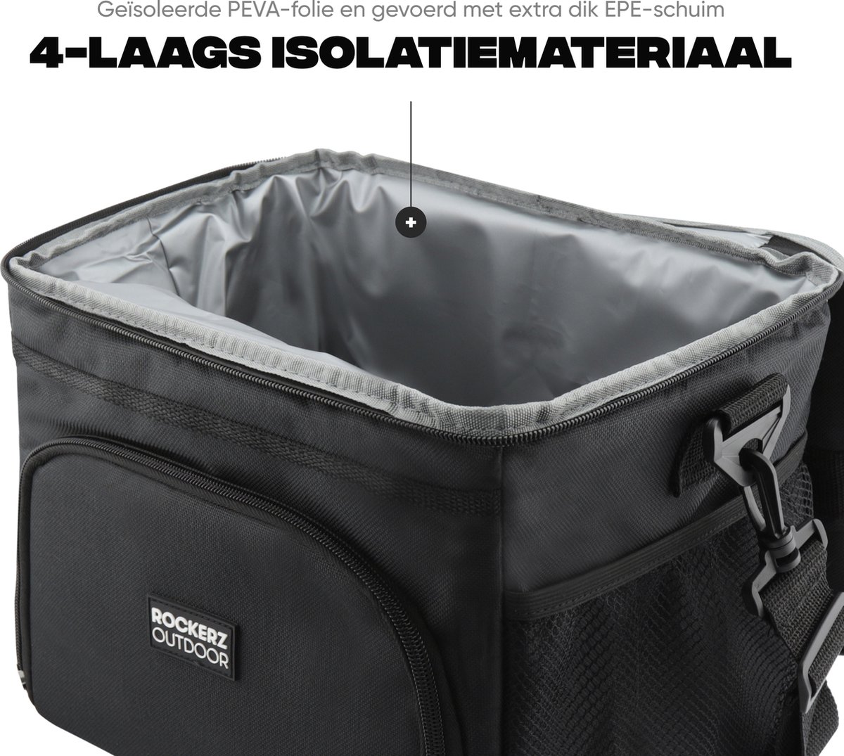 Rockerz Koeltas - 4 laags geïsoleerde - Incl. 2 koelelementen - 15 liter - Lunchtas - Picknicktas - Capaciteit voor 24x 33 cl blikken of 12x 33 cl flesjes - Slijtvast en duurzaam materiaal - Waterdicht en vuilafstotend - kleur: Zwart — cadeau in Sport & Outdoor - foto 6