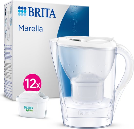 BRITA waterfilterkan Marella Cool white (2,4L) incl. 12x MAXTRA PRO All-in-1 filter die PFAS*, chloor en kalkaanslag vermindert - past in de koelkastdeur - met digitale vervangingsindicator