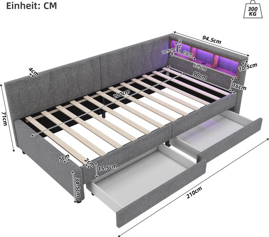 Sweiko Canapé-lit 90*200 Cm, Avec Compartiment De Rangement Chargement Via Usb Type C Eclairage Led 2 Tiroirs Sommier A Lattes Sans Matelas Lin Beige
