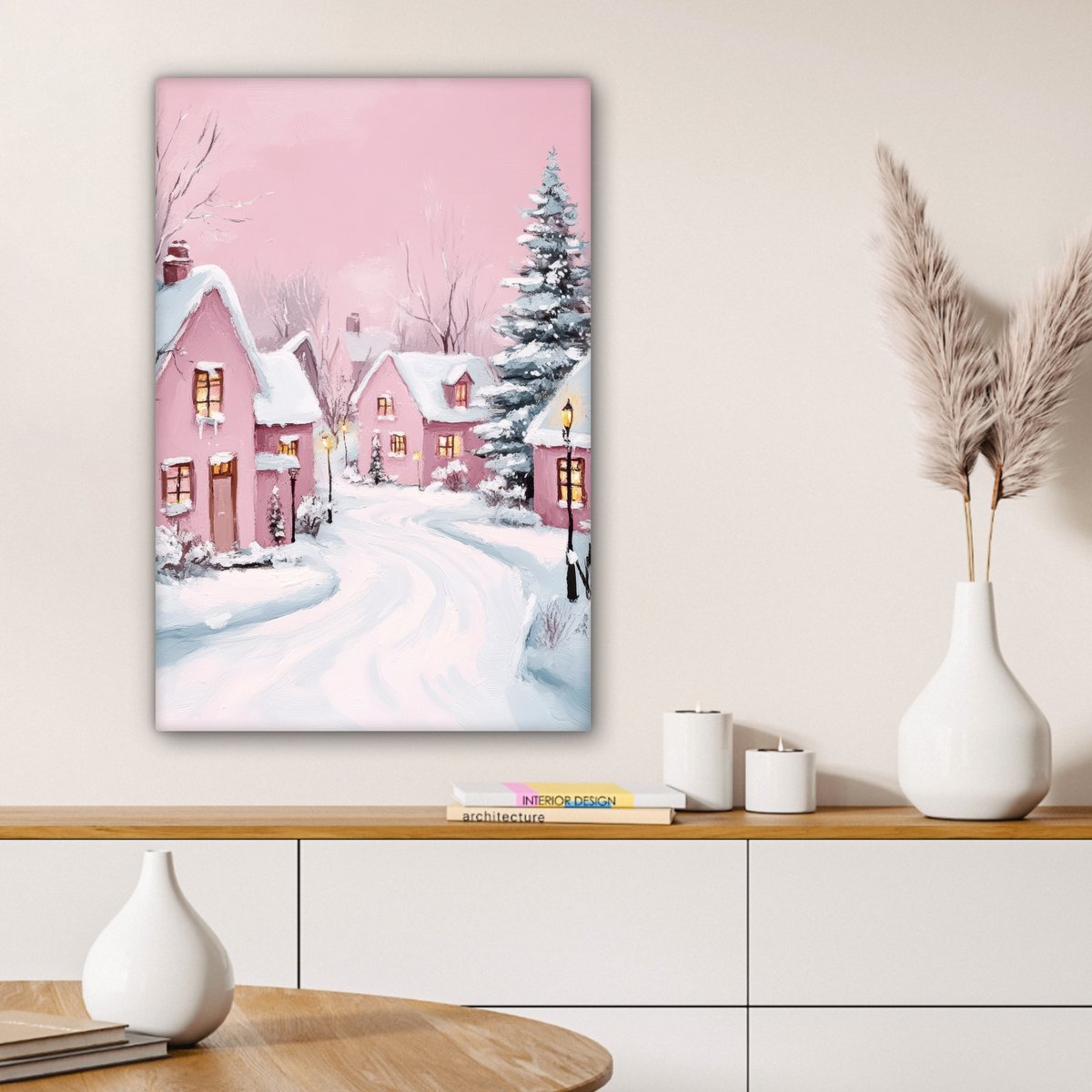 Canvas schilderij 60x90 cm - Wanddecoratie Kerstdorp - Roze - Winter - Sneeuw - Huizen - Muurdecoratie woonkamer - Slaapkamer decoratie - Kamer accessoires - Schilderijen op canvas - Kerstdecoratie voor binnen - Kerstversiering - Kerstmis versiering – foto 2