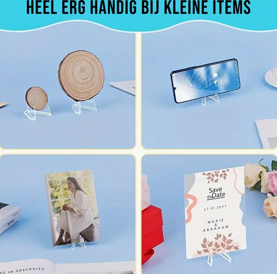 Acryl display standaards voor kleine items zoals telefoon, foto en kaarten.