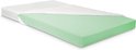 Matras met mintgroene schuimkern, waarvan de witte gewatteerde hoes is opgelicht.