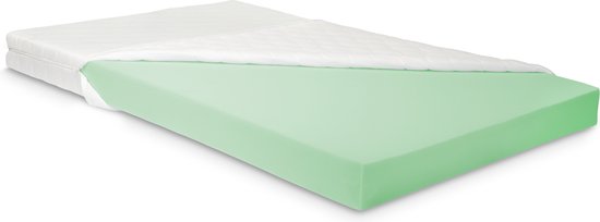 Matras met mintgroene schuimkern, waarvan de witte gewatteerde hoes is opgelicht.