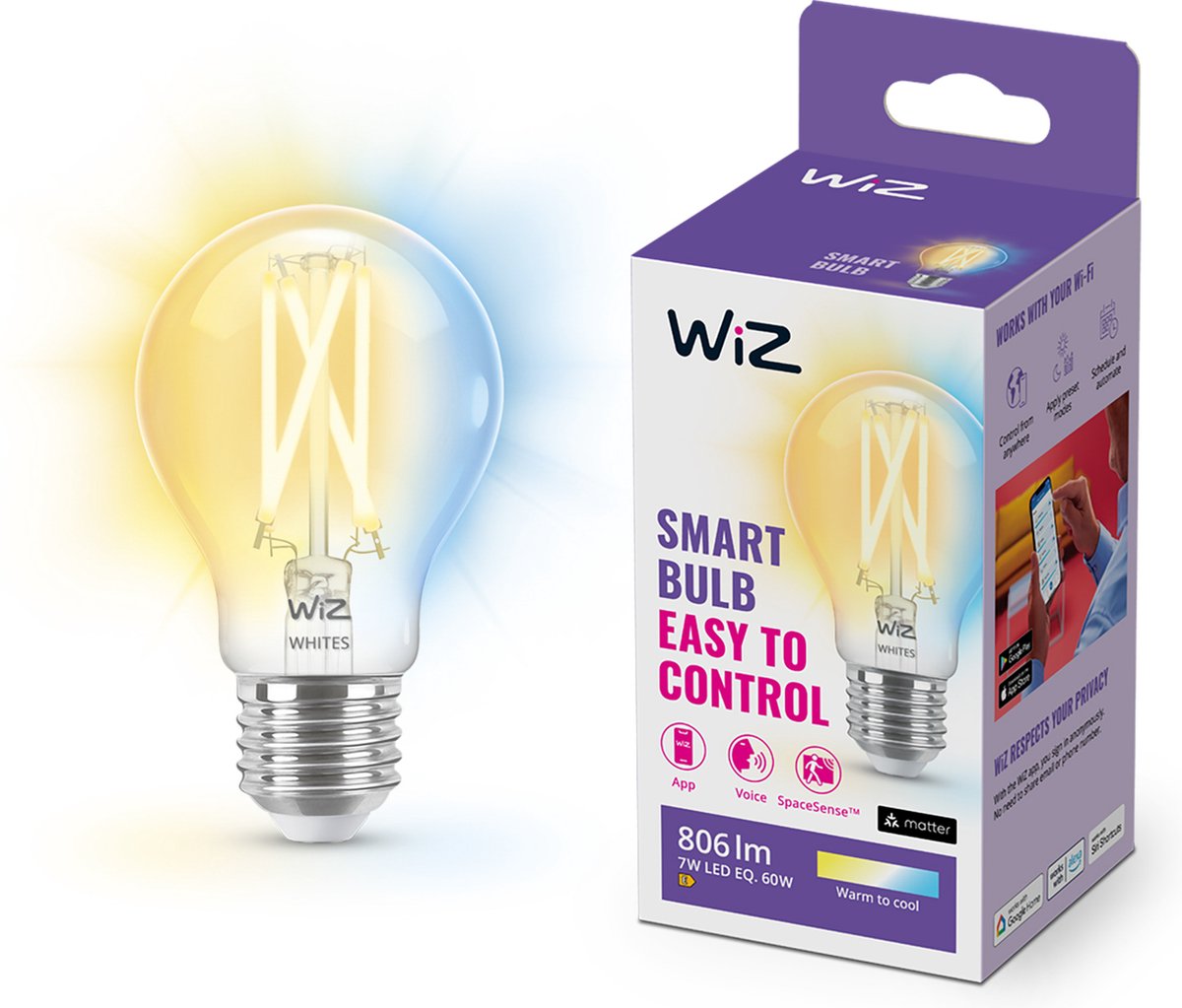 Wiz Filament doorzichtig A60 E27 Wifi + Bluetooth protocol