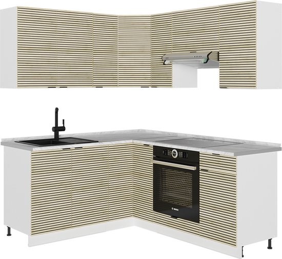 Cuisine d'angle Vicco Fame- Line – 190 x 60 cm, WB Marble Panneau Chêne /blanc, WB Marble