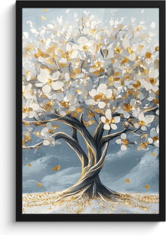 Poster in lijst - Fotolijst 40x60 cm - Posters - Boom - Winter - Levensboom - Modern - Goud - Posterlijst zwart - Decoratie - Wanddecoratie woonkamer - Muurdecoratie slaapkamer