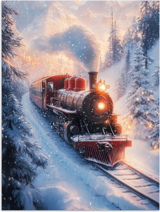 Poster 90x120 cm - Kersttrein - Sneeuw - Winter - Kerst - Posters - Kamer decoratie - Wanddecoratie woonkamer - Kerstdecoratie voor binnen - Kerstversiering - Kerstmis versiering in huis - Kerstaccessoires