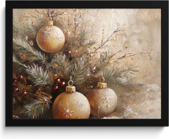 Poster in lijst - Fotolijst 40x30 cm - Posters - Kerst - Kerstballen - Beige - Goud - Posterlijst zwart - Decoratie - Wanddecoratie woonkamer - Kerstdecoratie voor binnen - Kerstversiering - Kerstmis versiering in huis - Kerstaccessoires