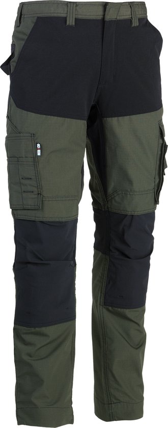Herock werkbroek met groene en zwarte vlakken, voorkant zichtbaar. Met zakken.