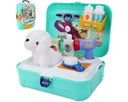 16pcs Verzorgingsspeelgoed - Puppy Hondendrager - Honden Voeren - Rugzak voor Honden - Dierenarts Kit - Educatief Speelgoed met Opbergkoffer voor Kinderen Meisjes
