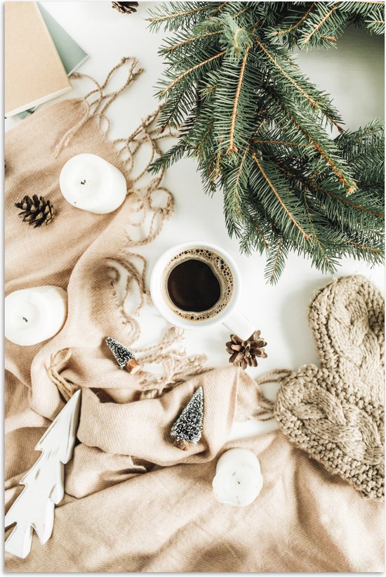 Poster 80x120 cm - Stilleven - Kerst - Dennentak - Winter - Posters - Kamer decoratie - Wanddecoratie woonkamer - Muurdecoratie slaapkamer - Kerstversiering - Kerstdecoratie voor binnen - Kerstmis