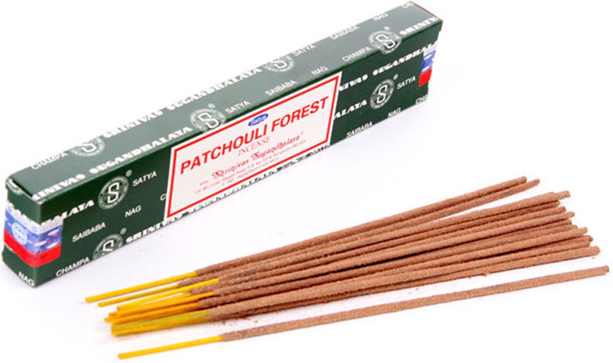 Satya Nag Champa wierrook stokjes Patchoulie Forrest geur - 12x - Lichaam in balans - Meditatie - staafjes van 22 cm - 30 minuten Multi