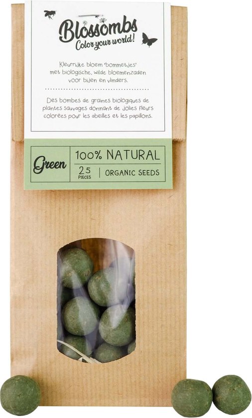 Bruine papieren zak met groene biologische bloemenzaadbommetjes, met het label 'Green 100% Natural'.