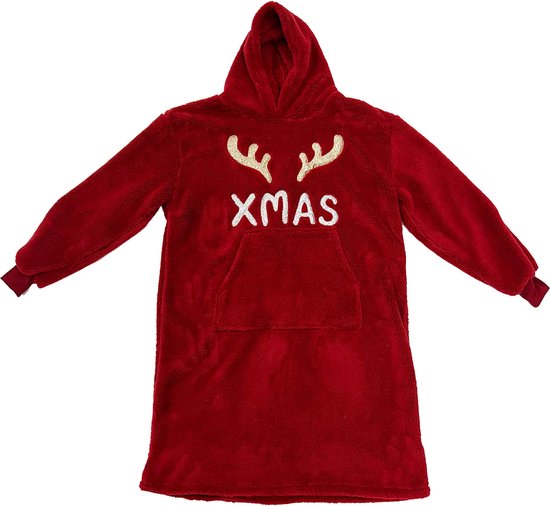 Oversized rode kerst hoodie deken met rendier-applicatie en "XMAS"-tekst.