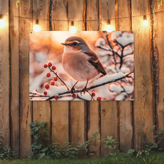 Affiche de jardin - Toile de jardin - Posters de jardin extérieur - Vogel - Branche - Hiver - Animaux - Neige - 120x80 cm - Jardin